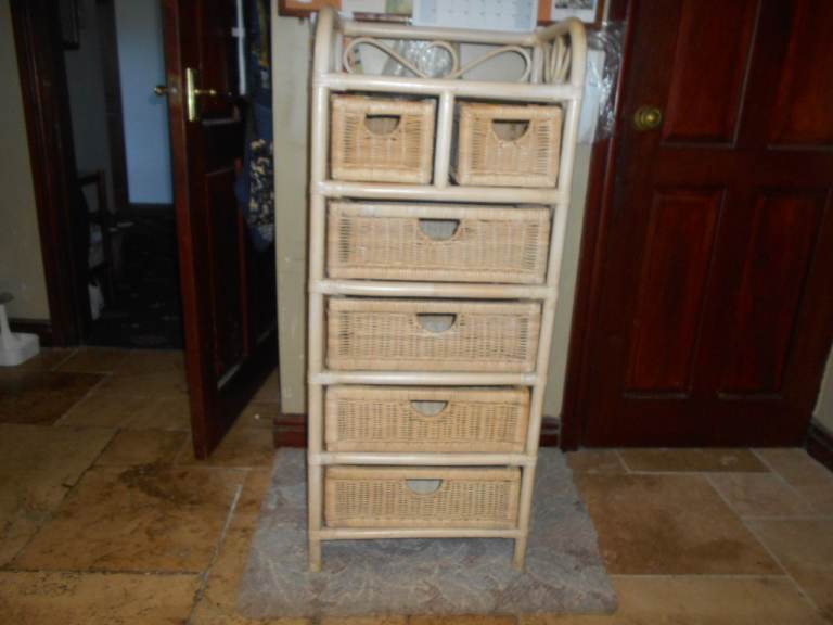 Beige Rattan Chest of Drawers - 6 Baskets, Good Condition
