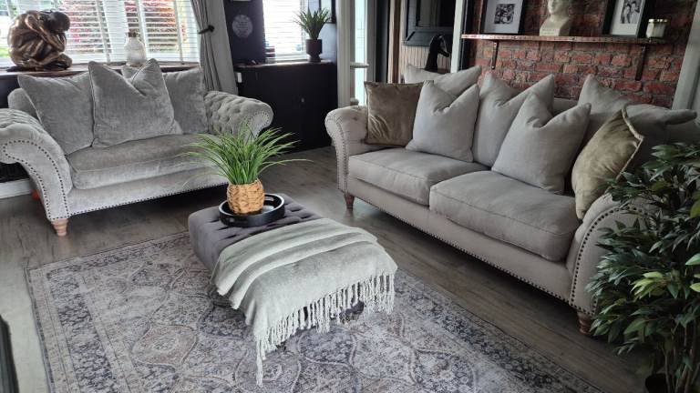 Barker and Stonehouse two-seater sofa in grey velvet and a three-seater sofa in cream linen