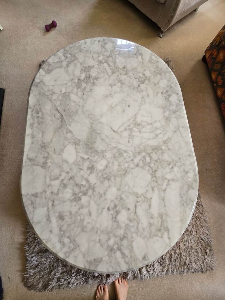 Stylish Grey Marble Coffee Table with Geometric Base