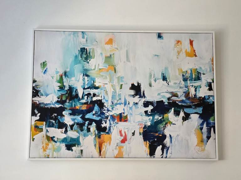 Large Framed Abstract Canvas Wall Art Modern Coastal Blue White Gold Painting