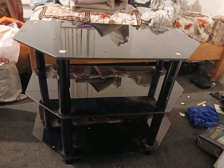 Black Glass TV Stand with 3 Shelves – Good Condition
