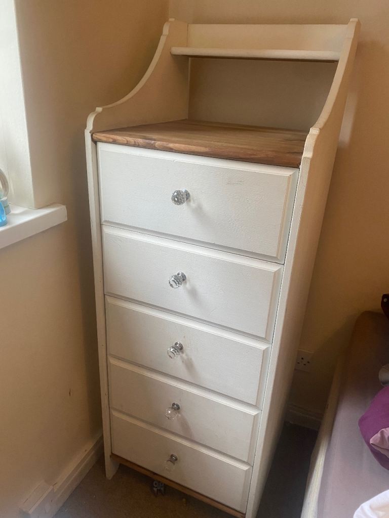 Tall White Chest of Drawers with Wooden Top