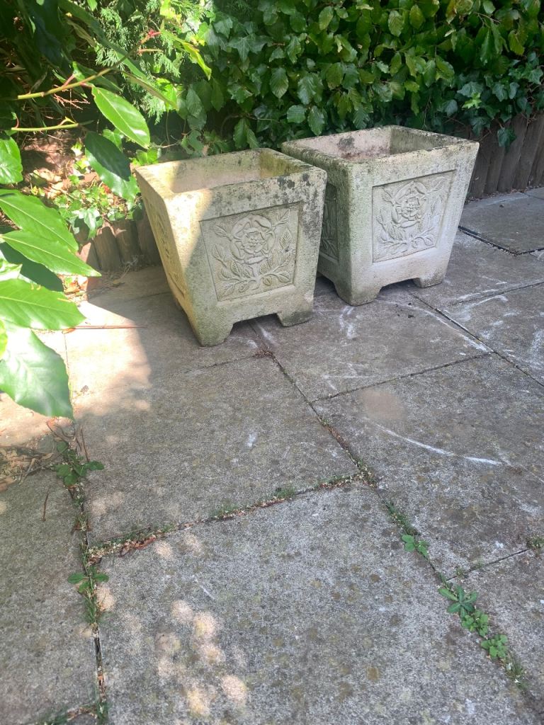 Pair of Stone Garden Planters with Rose Design