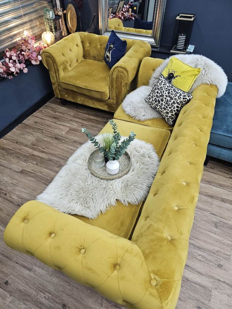 image for Mustard Chesterfield Style 3 Seater Sofa & Chair