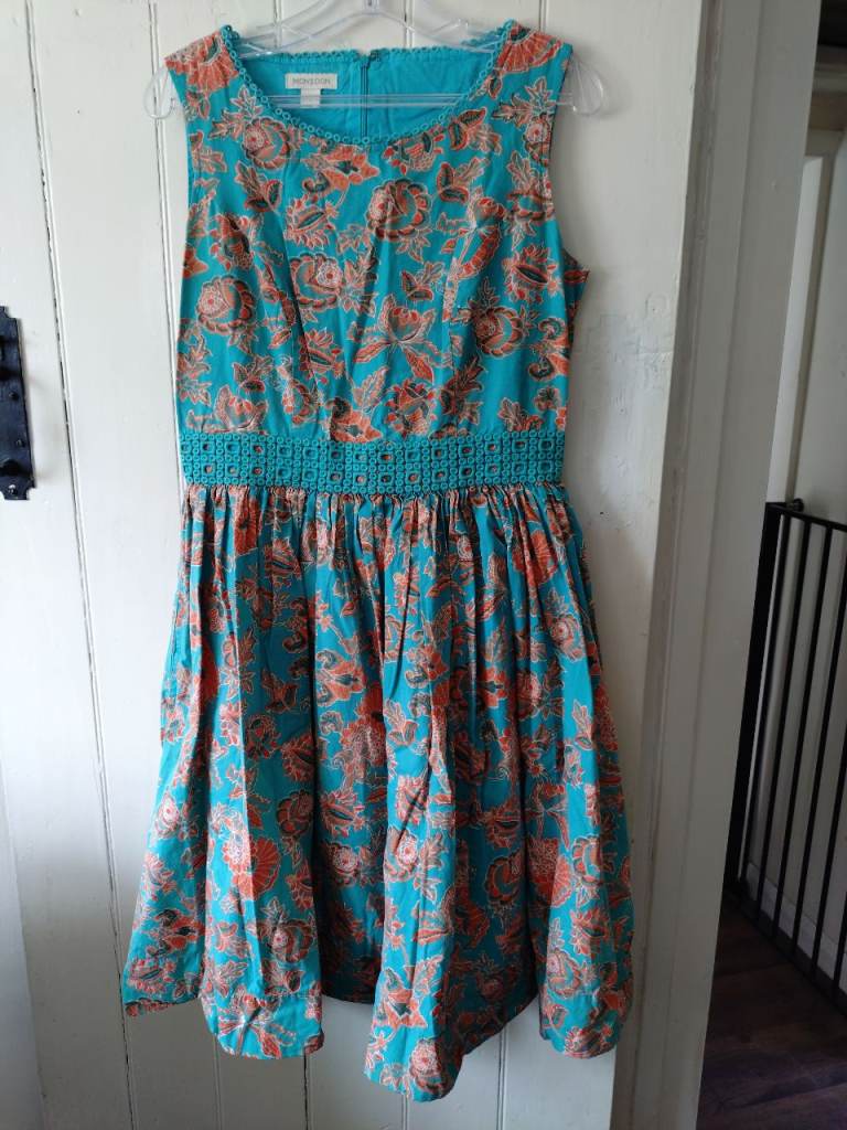Monsoon size 12 Teal Floral Cotton Dress – Good Condition