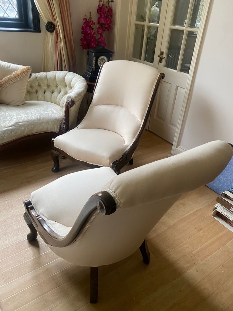 Victorian Slipper Chairs Sold as Pair with Cream Wool upholstered chair  
