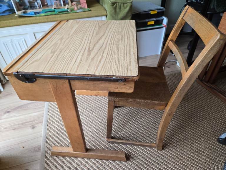Childrens wooden old school desk and chair. 