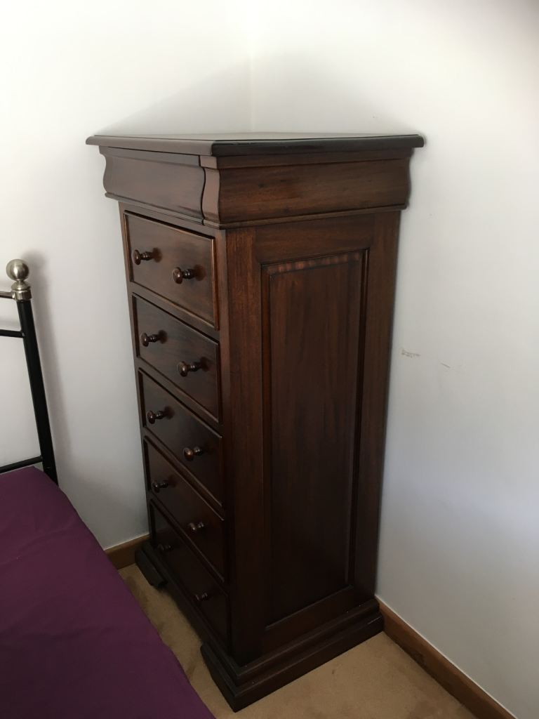 Solid French Mahogany wood ‘Satin Furniture’ chest of drawers table tallboy tall boy 