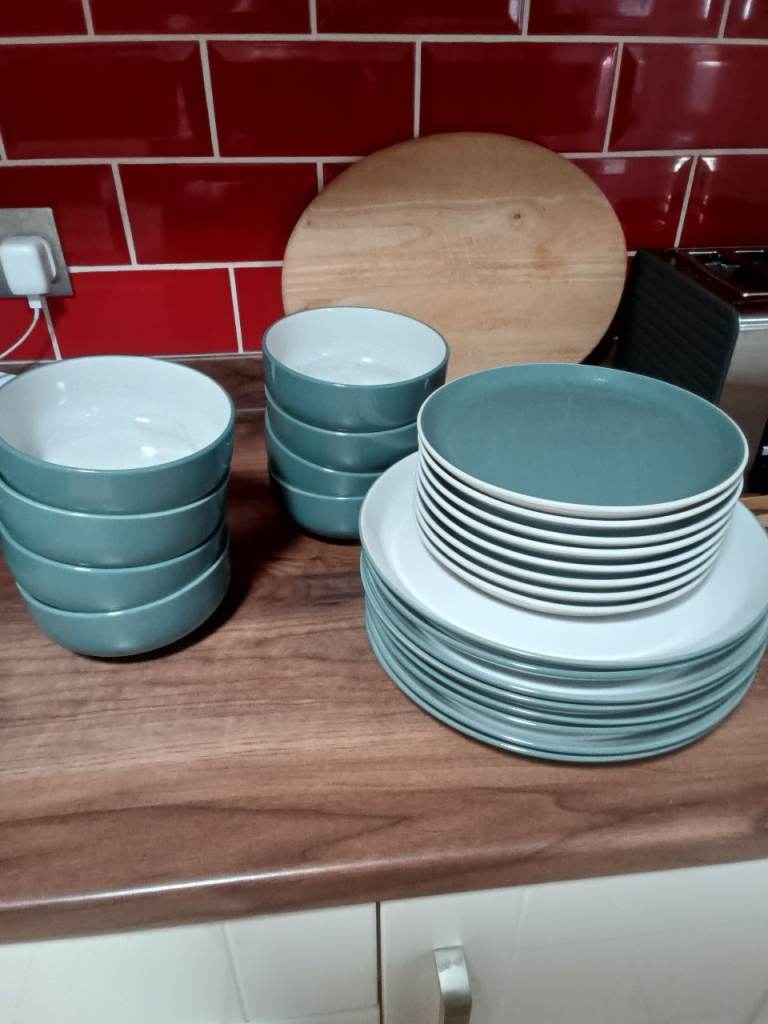 Dinnerware Set - Grey Plates and Bowls, Good Condition