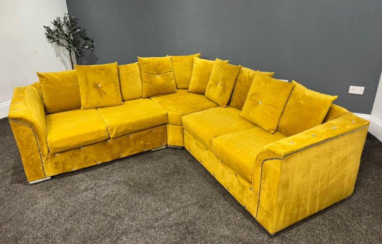 Wayfair Mustard Yellow Equal Corner Sofa with Gem Detailing  £295 Free Local Delivery