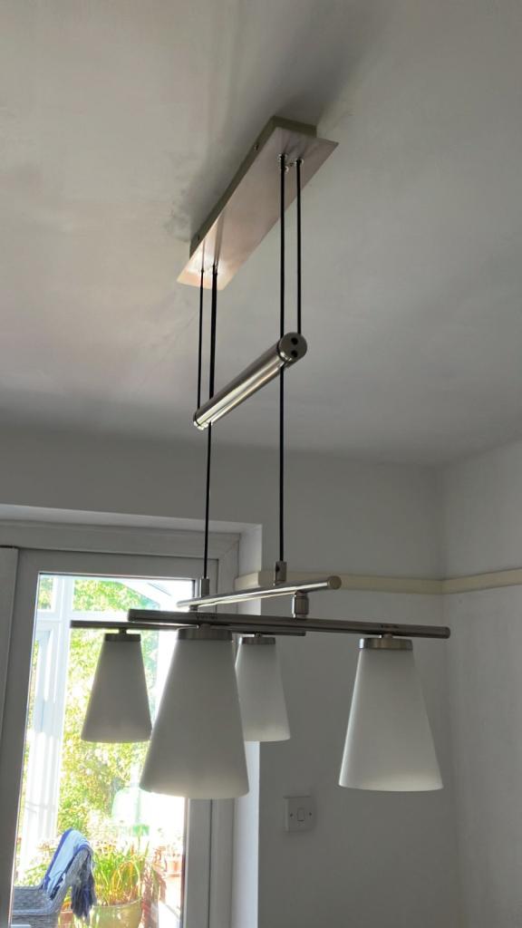 Modern Silver Ceiling Light with Four White Shades – Good Condition