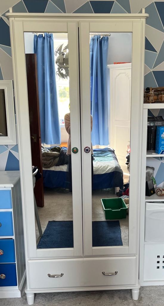 White Wardrobe with Mirrored Doors and Drawer
