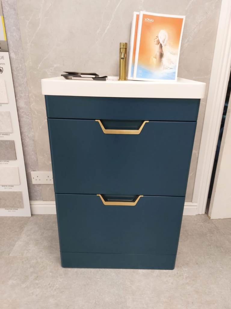 FREYA Floorstanding 60cm Two Drawer Vanity Unit Matt Ocean Blue-Gold Handles & Tap RRP £1135