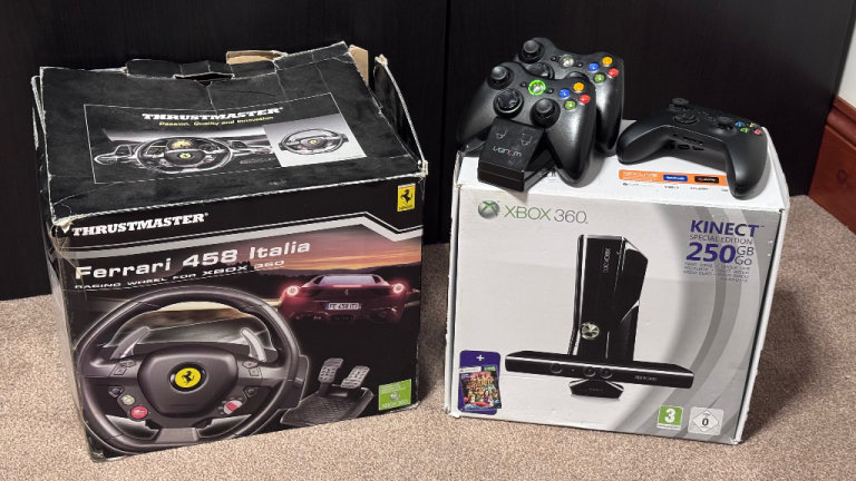 Microsoft Xbox 360 250gb Kinect Edition with Ferrari steering wheel 458 Italia & pedals