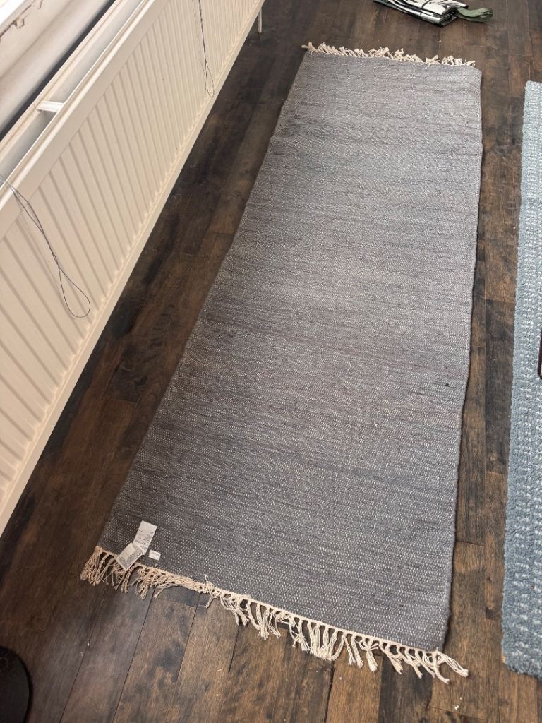 Long Grey Hallway Runner Rug with Fringes – Good Condition