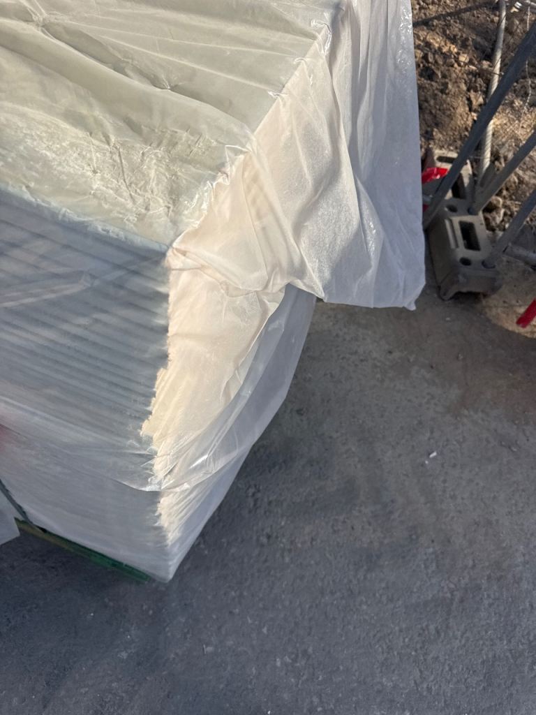 12.5 or 15mm plasterboard available £6 a sheet also bags of adhesive 