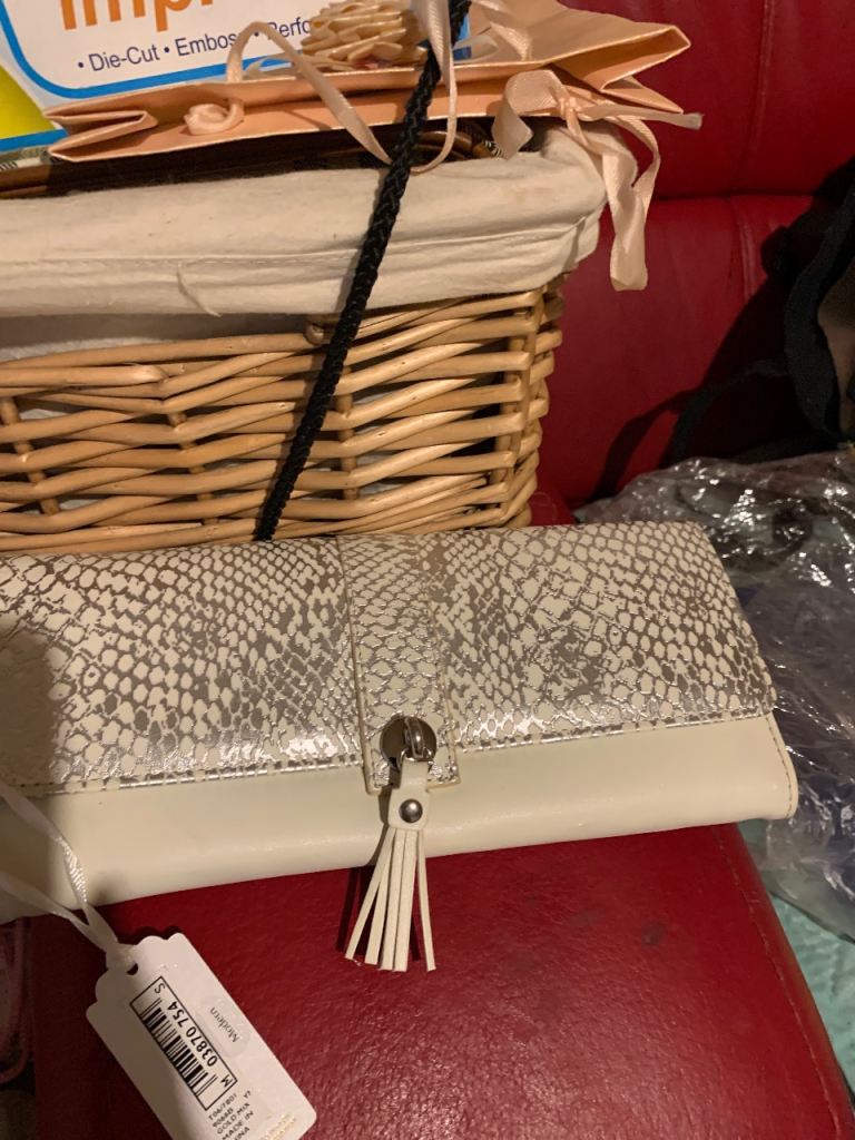 New White & Silver Snake Print Clutch Bag