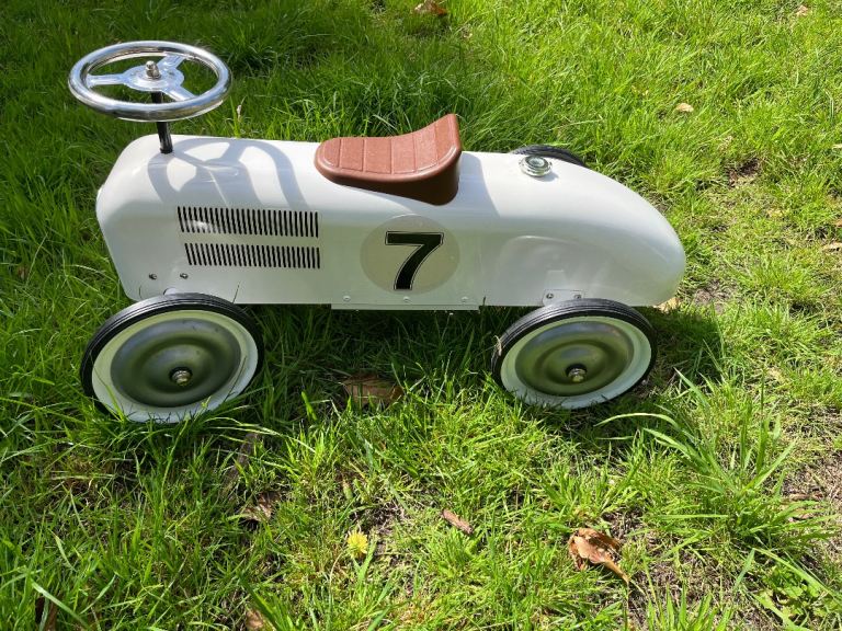 White Metal Ride-On Racing Car Toy – Good Condition