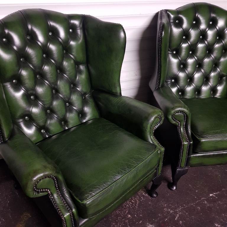 MATCHING Pair Green Leather QUEEN ANNE Chesterfield Wingback arm chairs -FAB