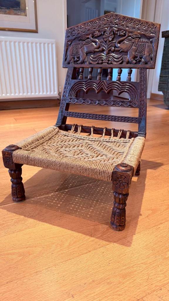 Indian Carved Wood Folding Chair Low Elephant Accent Armless Woven Seat
