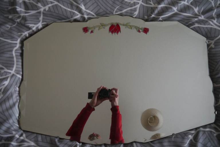 Vintage bevelled mirror with flower design, larger size