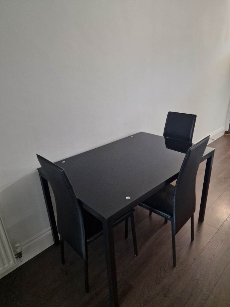 Black Glass Dining Table & 3 Black Chairs