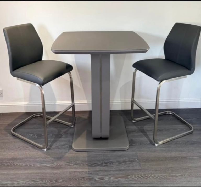 Modern Grey Bar Table with Two Stools – Good Condition