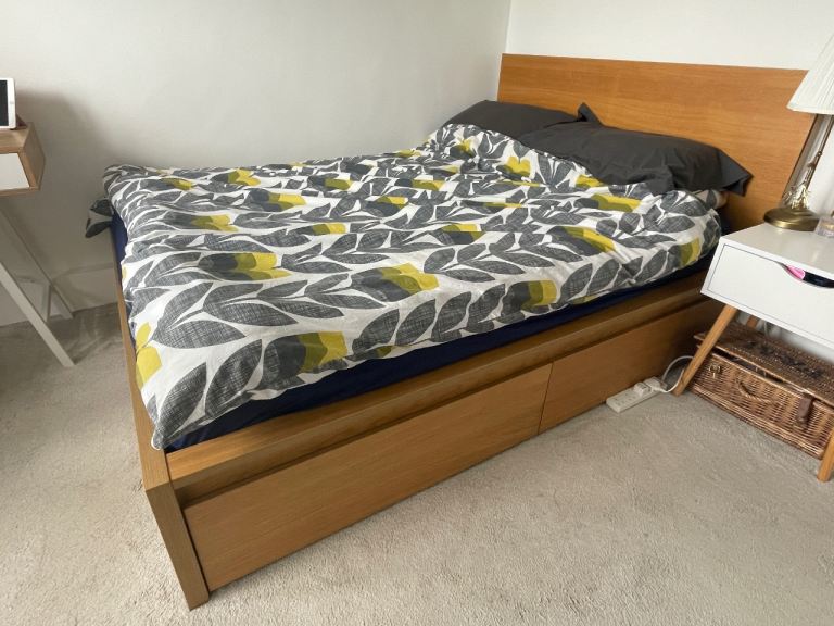 IKEA Wooden Double Bed with Storage & Mattress