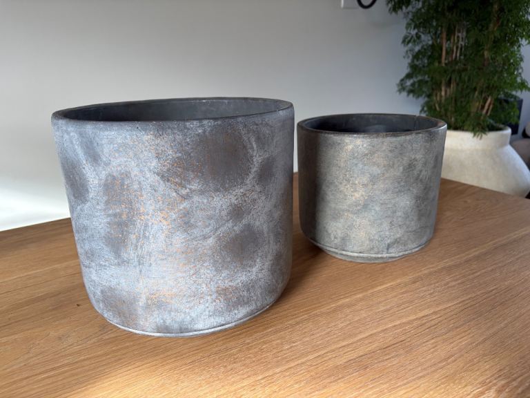Stunning painted set of 2 gold and grey cement pots (24cm & 19cm, available separately)