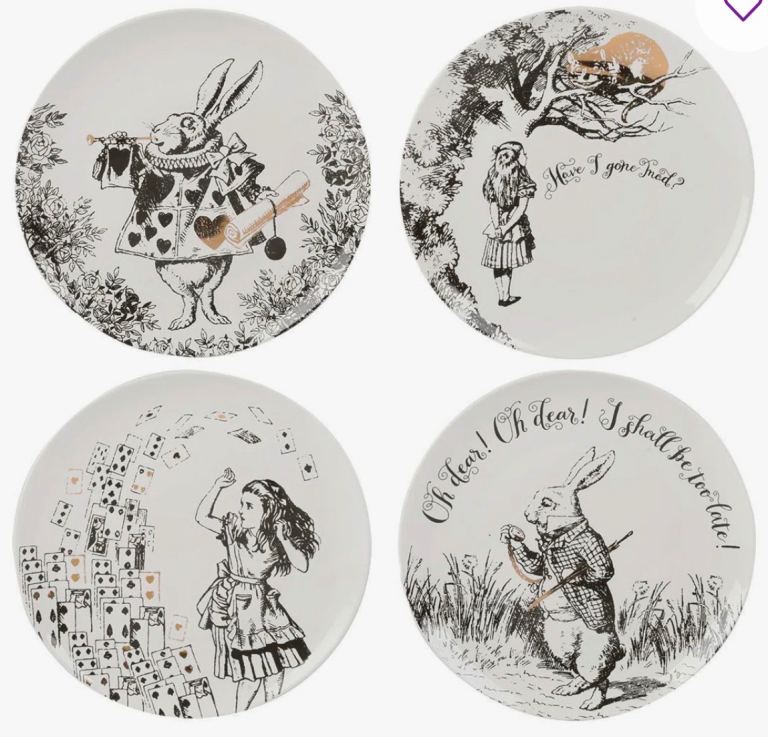 Alice in Wonderland plates & Teapot Set, teaspoons, mug - New