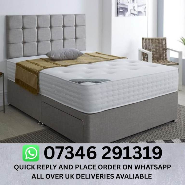 Brand New Grey Double Bed with Headboard and Mattress