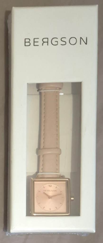 Bergson ladies' wristwatch featuring a square, rose gold-tone case and a nude pink leather strap