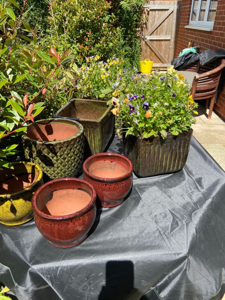 Set of 6 Garden plant pots of 3 different designs Multicoloured