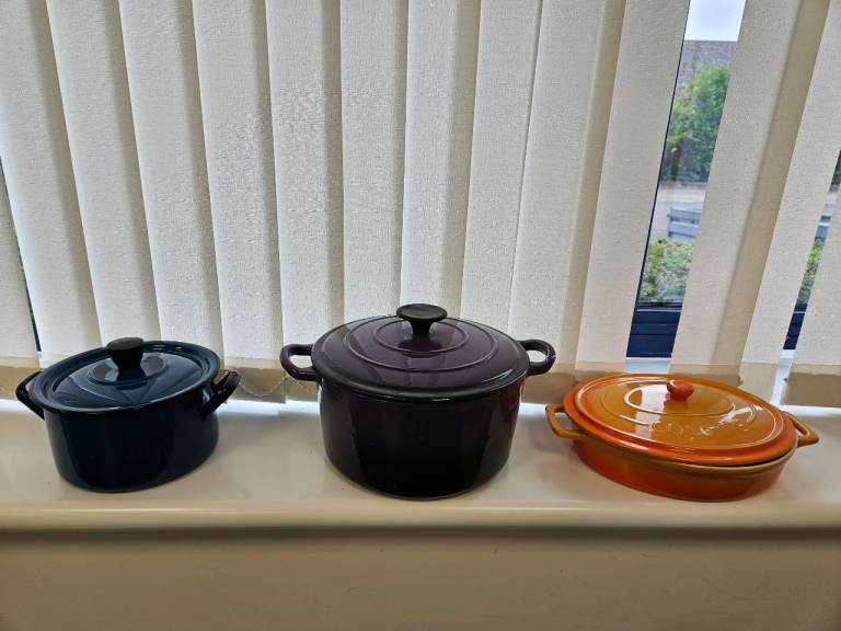 3 Enamel Cast Iron Casseroles — Yugoslavia Blue Purple Orange Cocotte Dish Lot