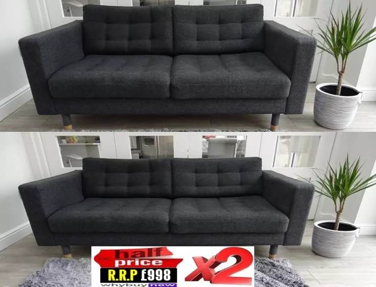 RRP:£998 2x IKEA LANDSKRONA GREY TWO SEATER FABRIC SOFA SUITE LONDON DELIVERY(OFFICE CHESTERFIELD)