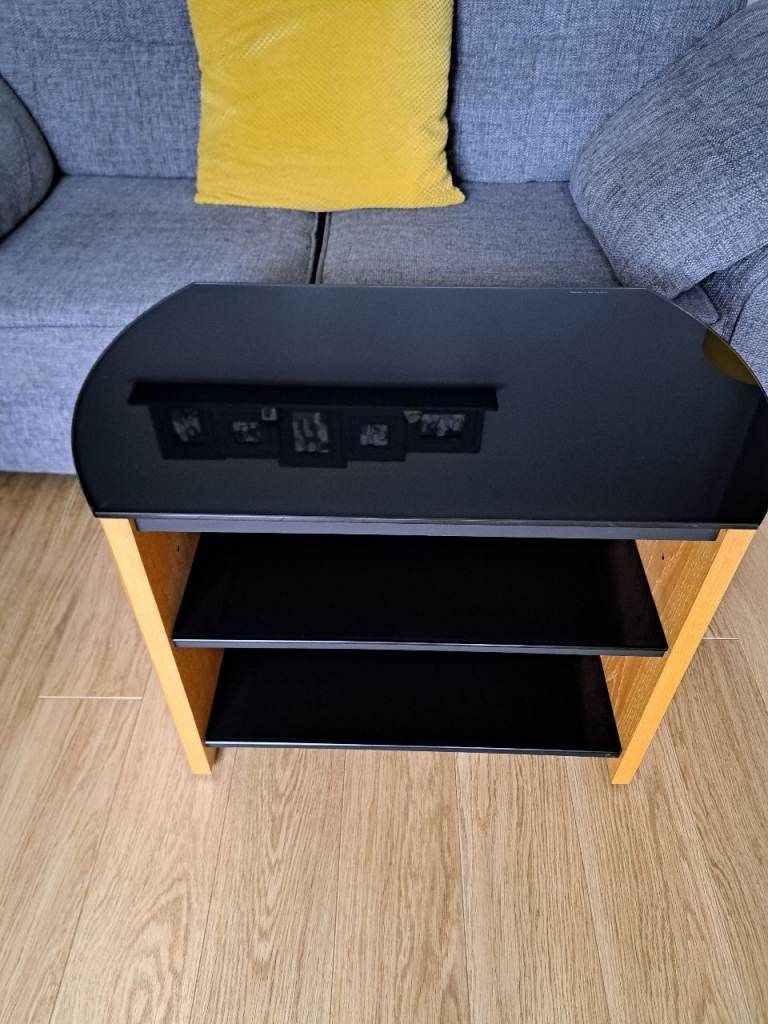 Oak wood tv unit with smoked black glass shelves 