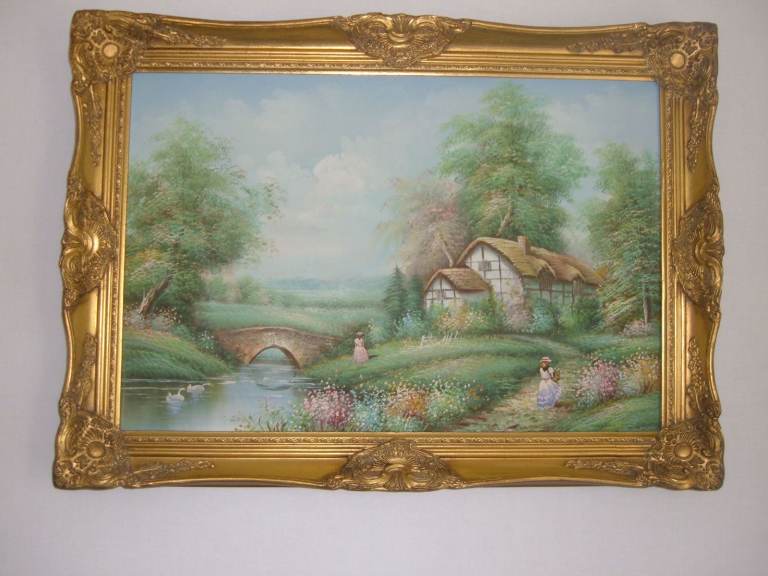 Charming Cottage Landscape Oil Painting in Ornate Gold Frame
