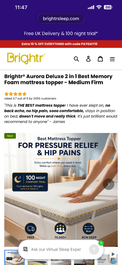 Brightr Aurora Deluxe 2 in 1 memory foam mattress topper super king.