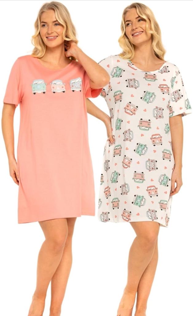 Womens 2 Pack Short Sleeved Nightshirts VW Camper Van Night Dresses Size 12-14