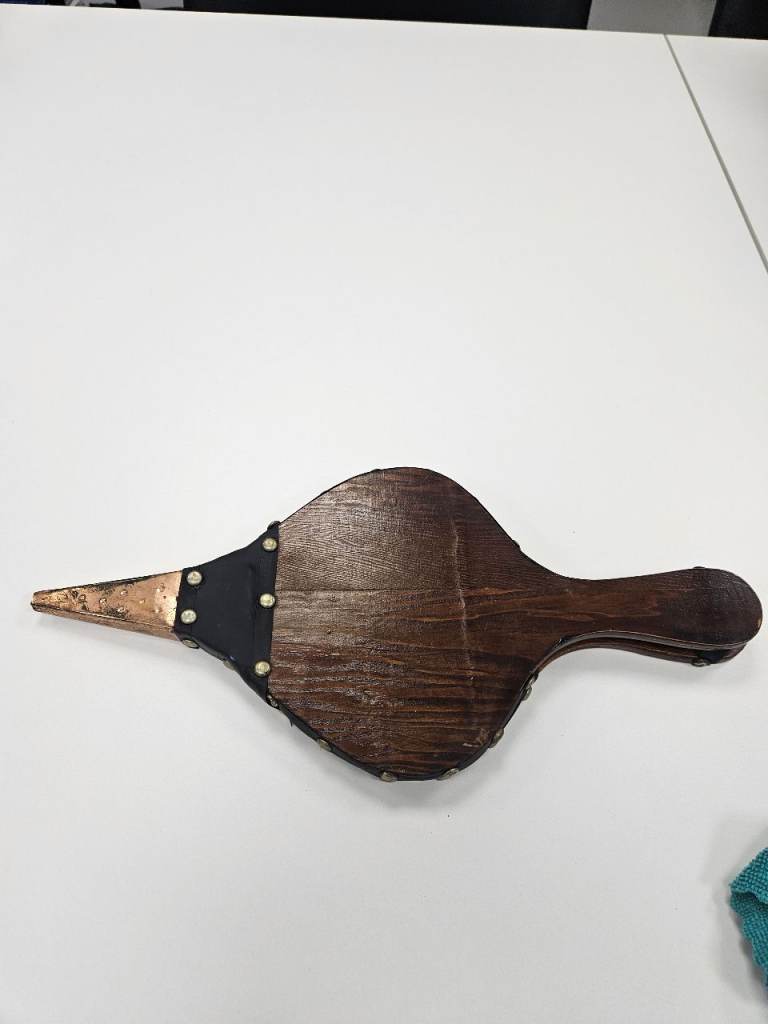 vintage wooden fire bellows leather brass details decorative working fire tool