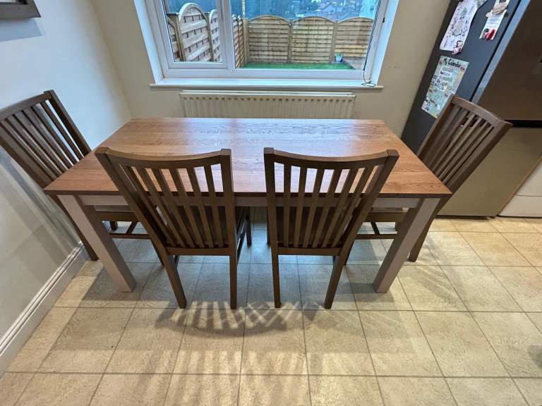 Grey Wooden Dining Table, 4 chairs and Bench