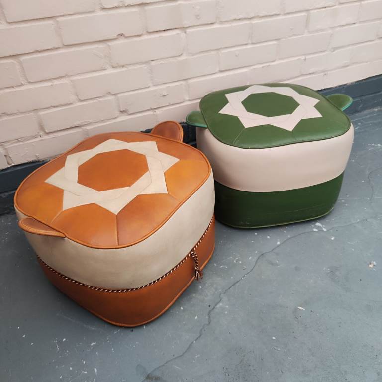 🧡 Pair of Vintage 60s/70s Pouffes — Tan/Cream & Green/Cream 🧡