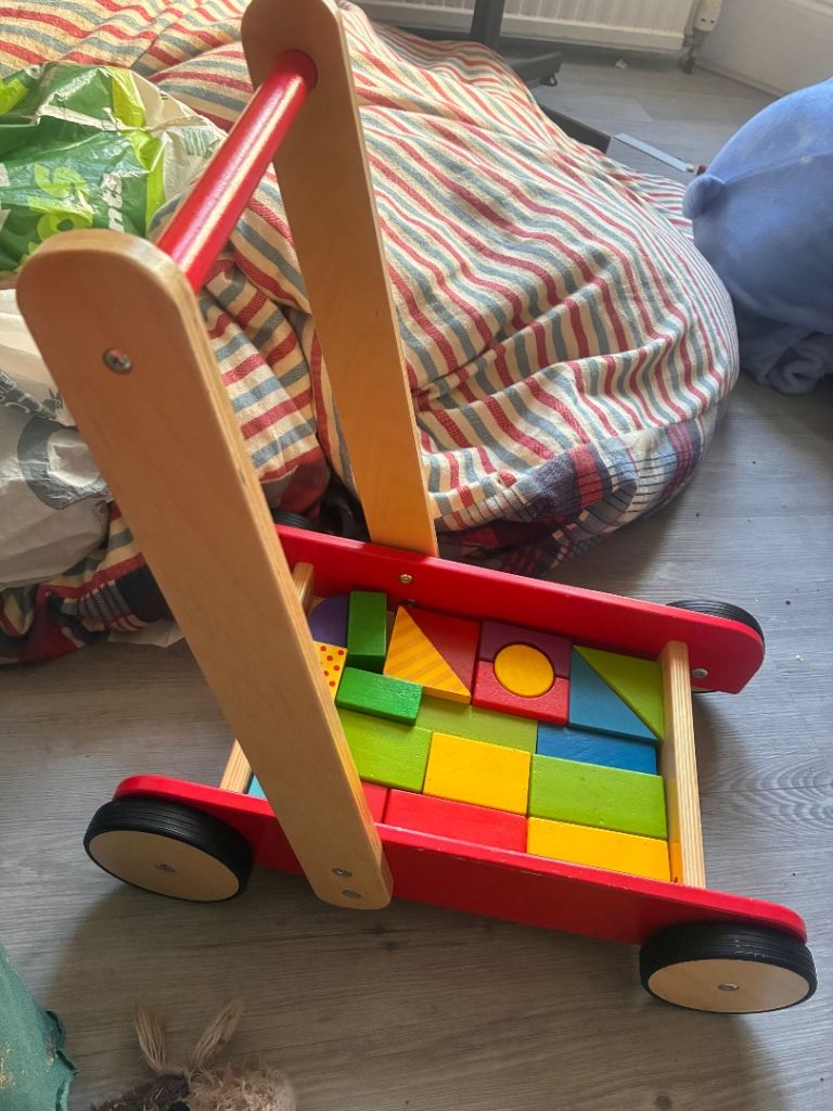 Lovely young child's wooden walker and colourful blocks good condition and quality 