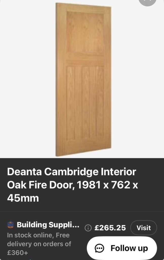 DEANTA CAMBRIDGE OAK FD30 FIRE DOOR 1981 x 762 x 45mm UNUSED Unfinished 4 available 
