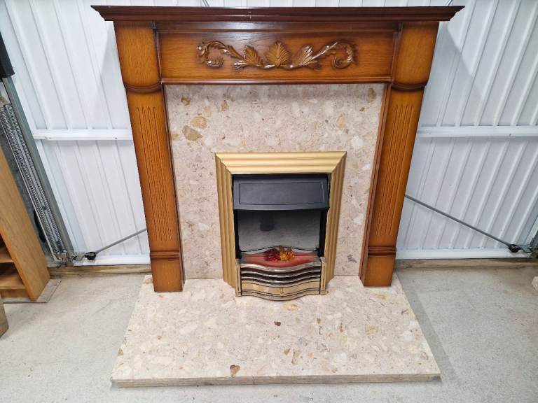 Wood effect fire surround, marble back, marble hearth, electric fire