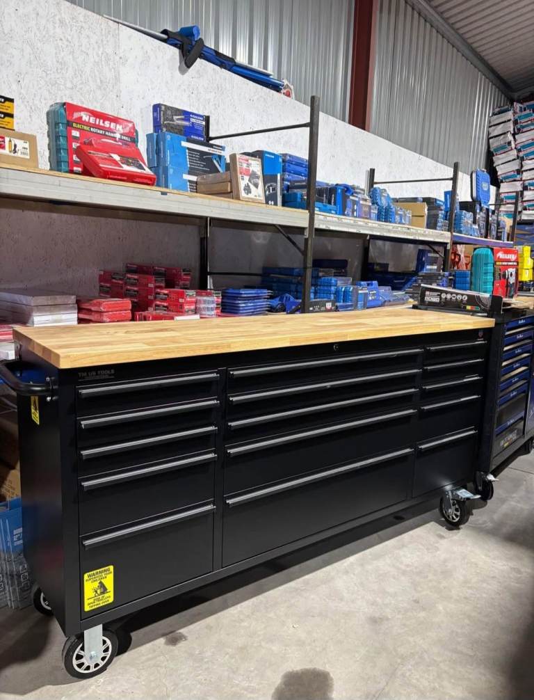 72" Wide Matte Black 15 Drawers Tool Box Chest Wooden Top Work Bench