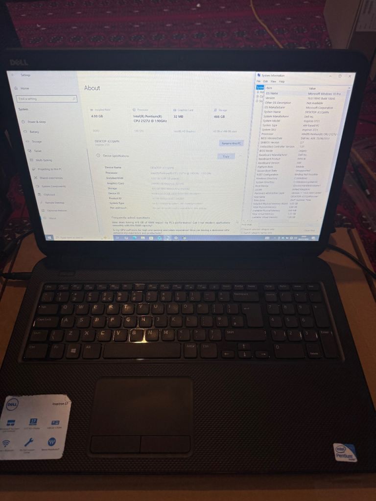 DELL INSPIRON 17 3721 - 500GB MEMORY - 4GB RAM - £60