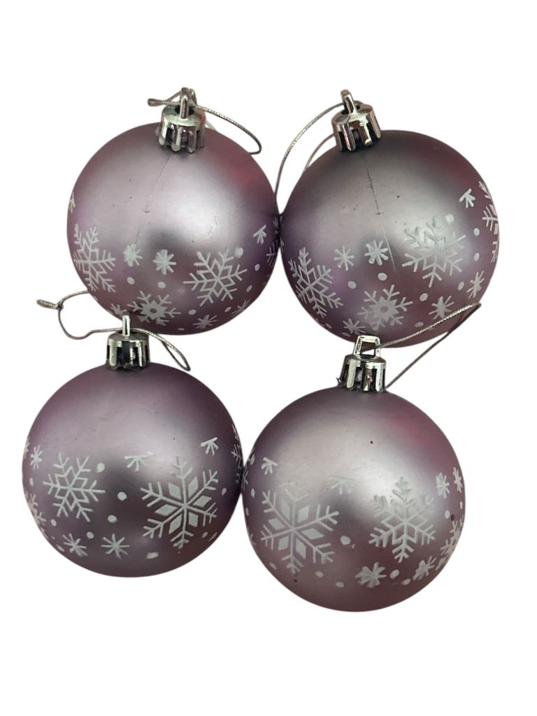 x4 Lilac Baubles With Printed White Snowflakes 6cm Diameter Christmas Tree Decorations 