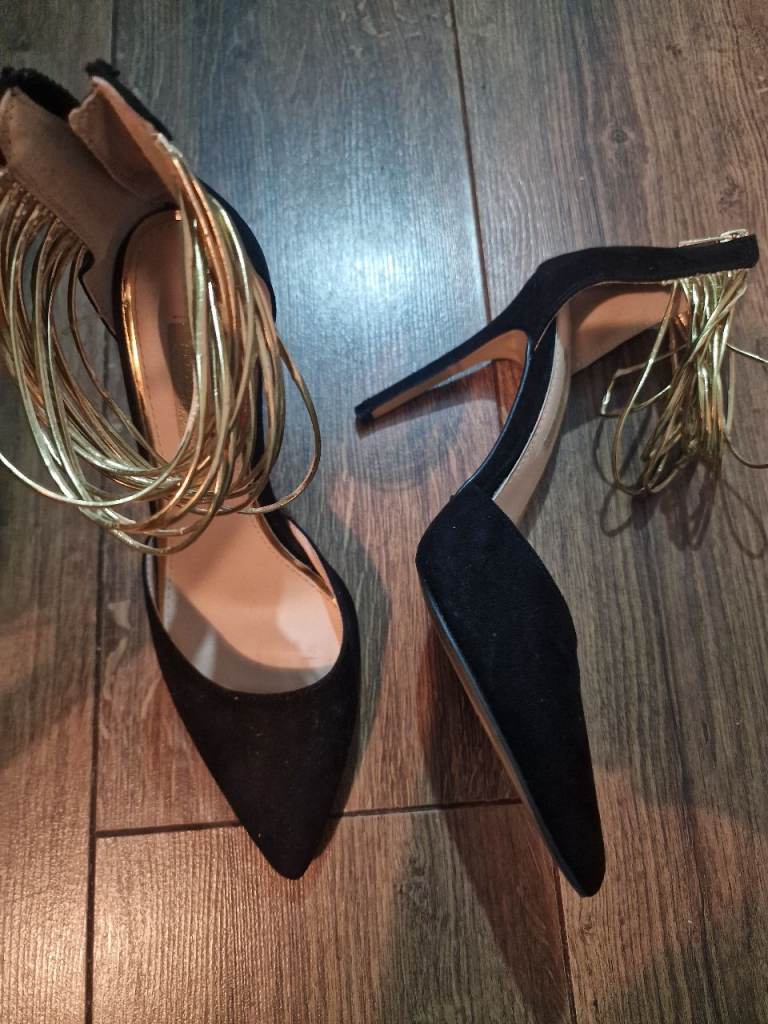 Black Suede Heels with Gold Ankle Straps – As Good As New