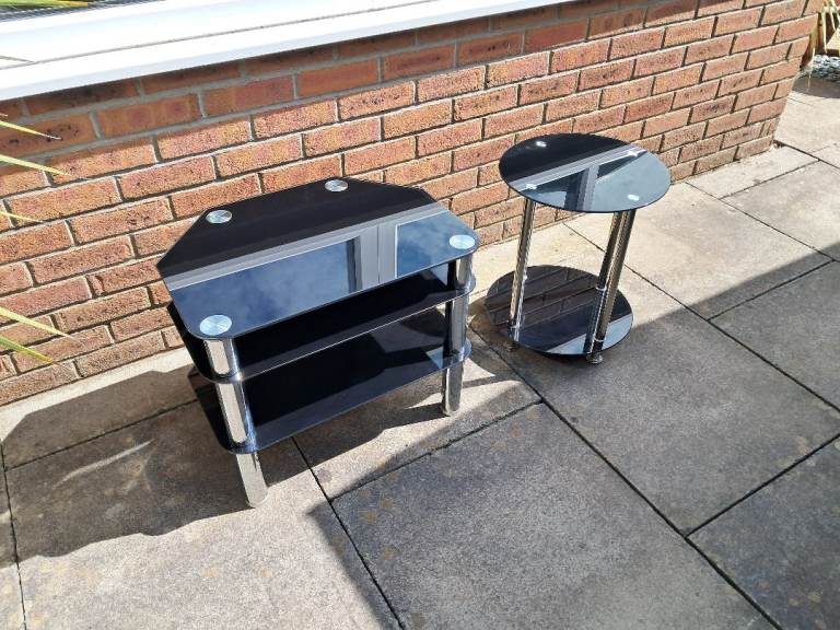 Black Glass TV Stand and Matching Side Table – Good Condition